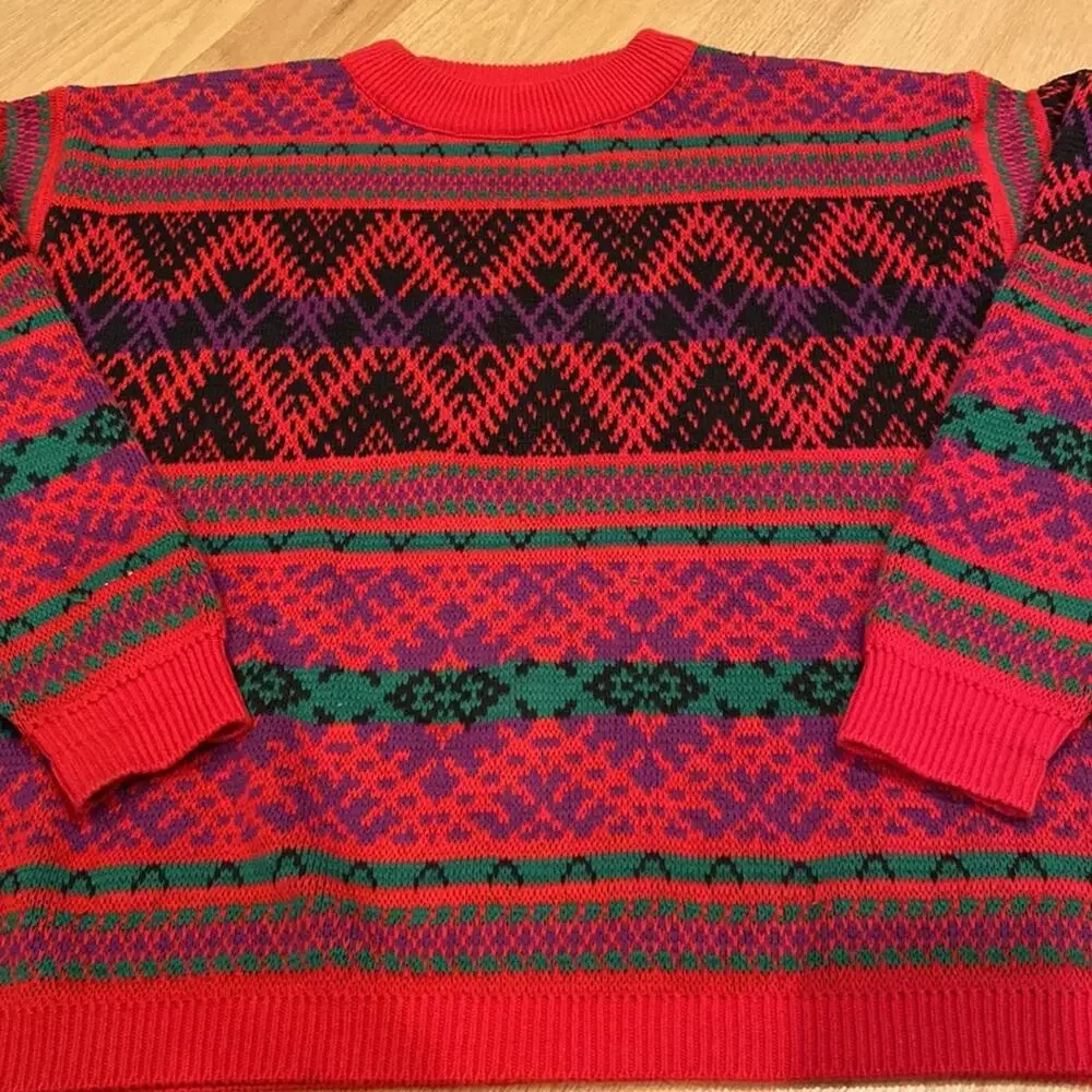 Lizwear Vintage 80s Cotton Crewneck Sweater Red striped small holiday ugly